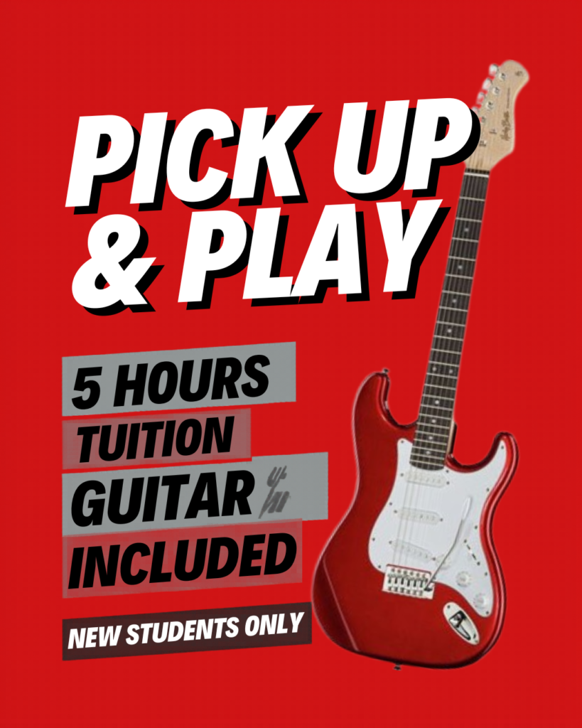 Promotional poster on red background PICK UP  PLAY with a red electric guitar includes 5 HOURS TUITION INCLUDED for new students only