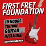 Promotional poster bold white text on red background advertising First Fret Foundation with a red electric guitar and blocks of text about 10 hours of tuition for new students only