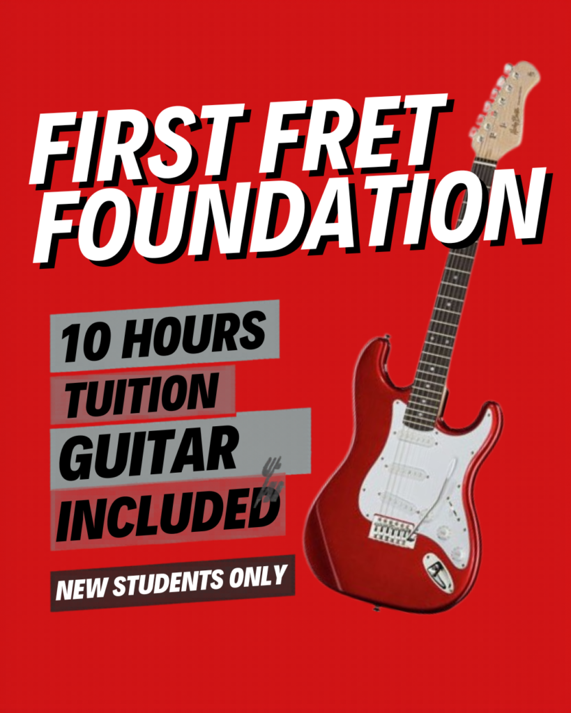 Promotional poster bold white text on red background advertising First Fret Foundation with a red electric guitar and blocks of text about 10 hours of tuition for new students only