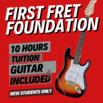 Promotional poster for First Fret Foundation 10 hours guitar tuition included for new students with a red background and guitar image