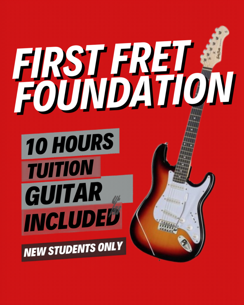 Promotional poster for First Fret Foundation 10 hours guitar tuition included for new students with a red background and guitar image