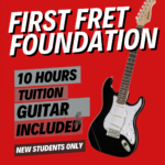Poster advertising First Fret Foundation 10 hours tuition and guitar included for new students only on a red background with a black guitar
