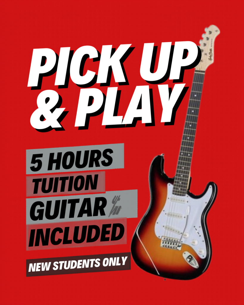 Bright red promotional poster with a sunburst electric guitar and bold white text PICK UP  PLAY and 5 HOURS TUITION INCLUDED for new students