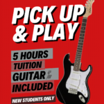 Promotional poster bold white PICK UP  PLAY with a guitar on a red background offers 5 hours of guitar tuition for new students included