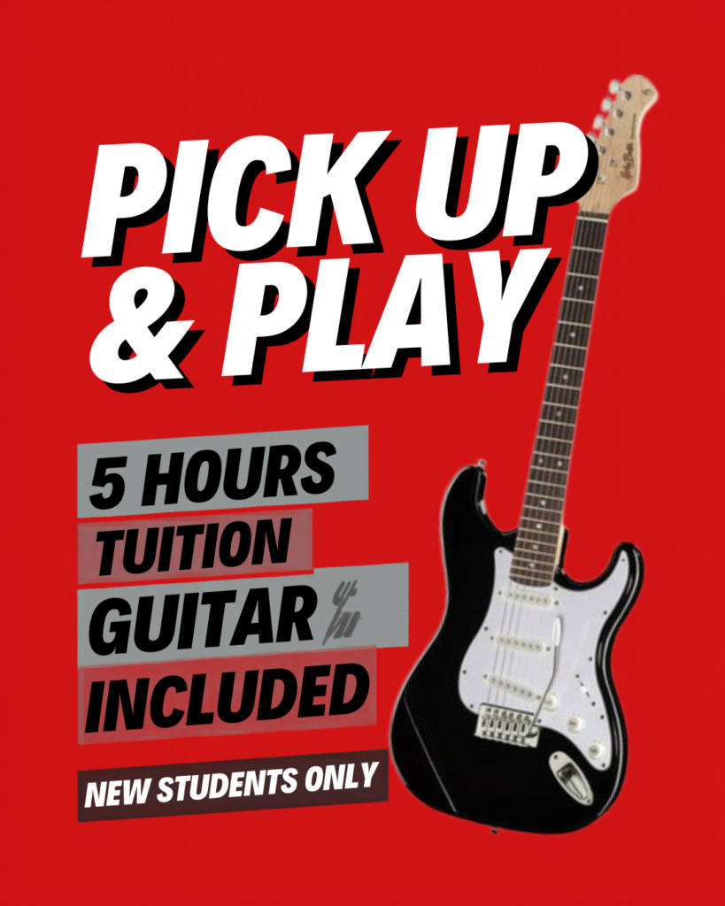 Promotional poster bold white PICK UP  PLAY with a guitar on a red background offers 5 hours of guitar tuition for new students included