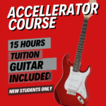 Red promotional poster for an Accelerator Course with a red electric guitar on the right and bold white text on a red background