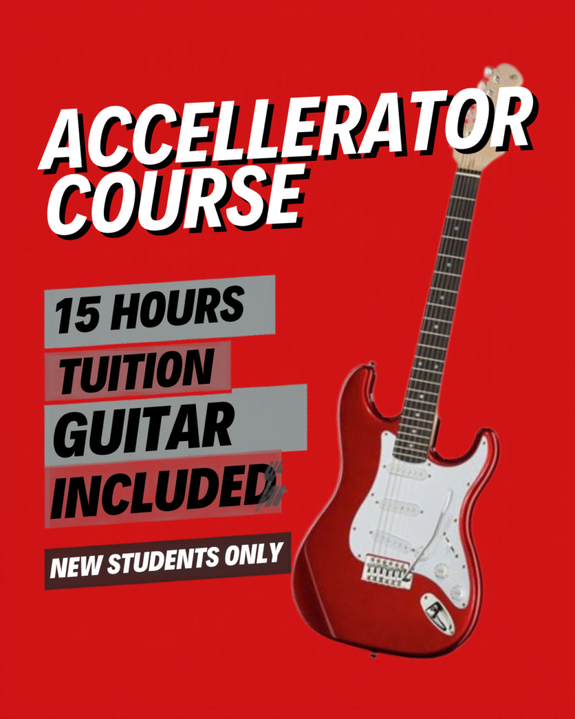 Red promotional poster for an Accelerator Course with a red electric guitar on the right and bold white text on a red background