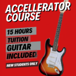 Promotional poster advertising an accelerator course with 15 hours of guitar tuition included for new students only red background and an electric guitar on the right
