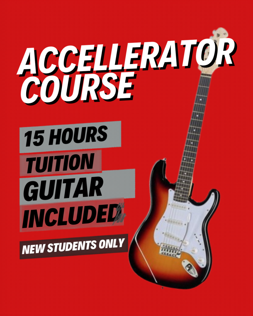Promotional poster advertising an accelerator course with 15 hours of guitar tuition included for new students only red background and an electric guitar on the right