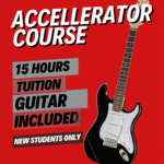 Advertisement poster on a red background promoting an accelerator course featuring bold white text and a right side guitar with captions about hours tuition and guitar inclusion