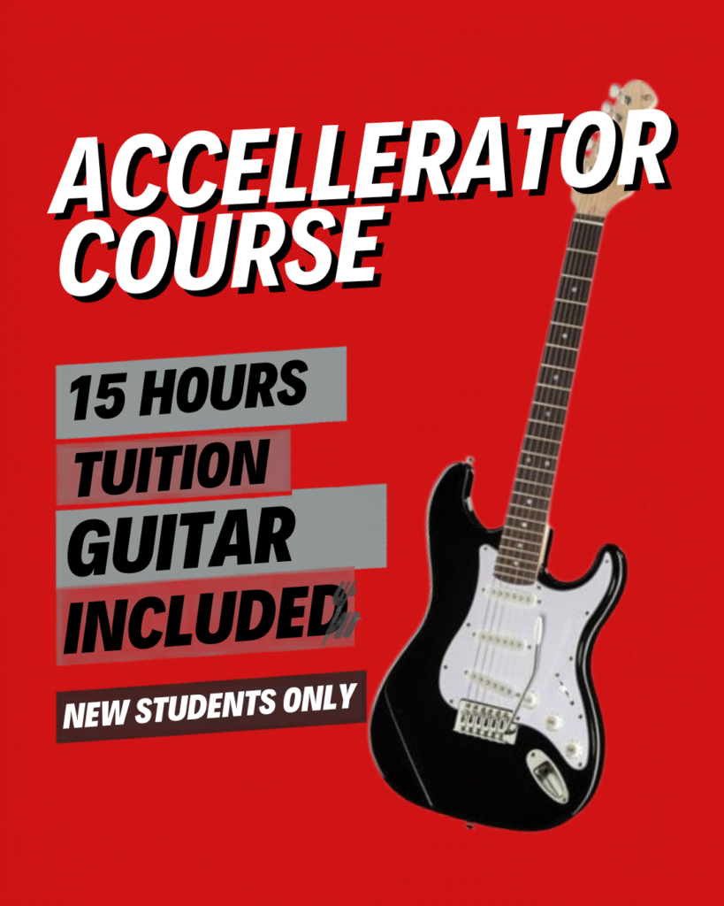 Advertisement poster on a red background promoting an accelerator course featuring bold white text and a right side guitar with captions about hours tuition and guitar inclusion