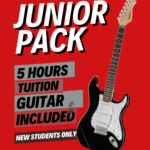 Red promotional poster with bold white JUNIOR PACK text and a black electric guitar on the right includes 5 HOURS TUITION INCLUDED and NEW STUDENTS ONLY