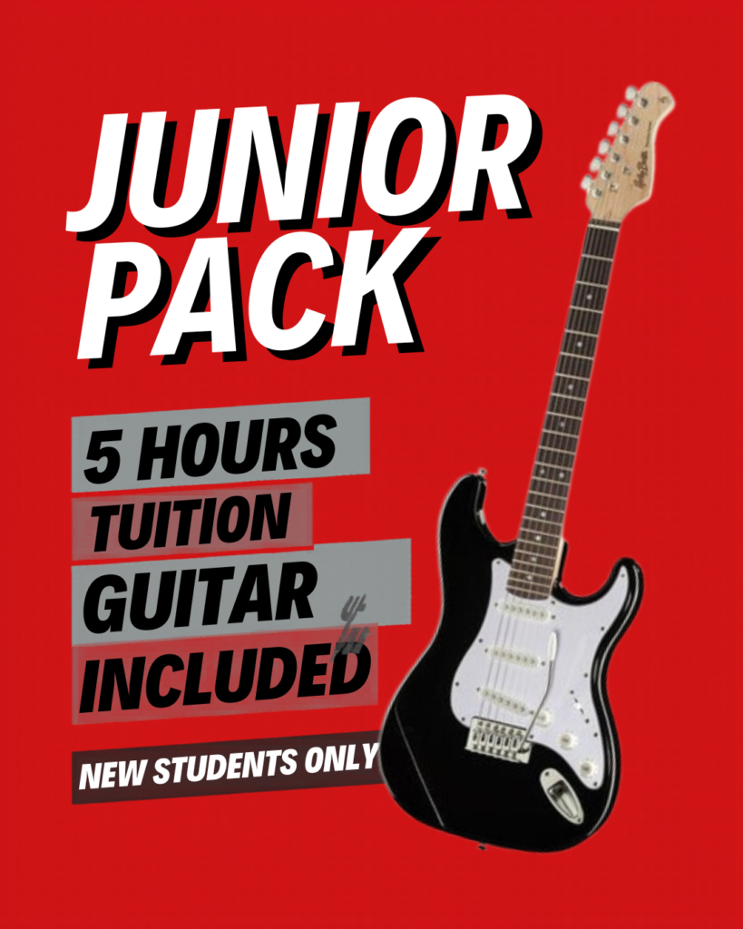 Red promotional poster with bold white JUNIOR PACK text and a black electric guitar on the right includes 5 HOURS TUITION INCLUDED and NEW STUDENTS ONLY