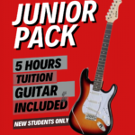 Red promotional poster for Junior Pack offering 5 hours of guitar tuition included for new students with a guitar image on the right