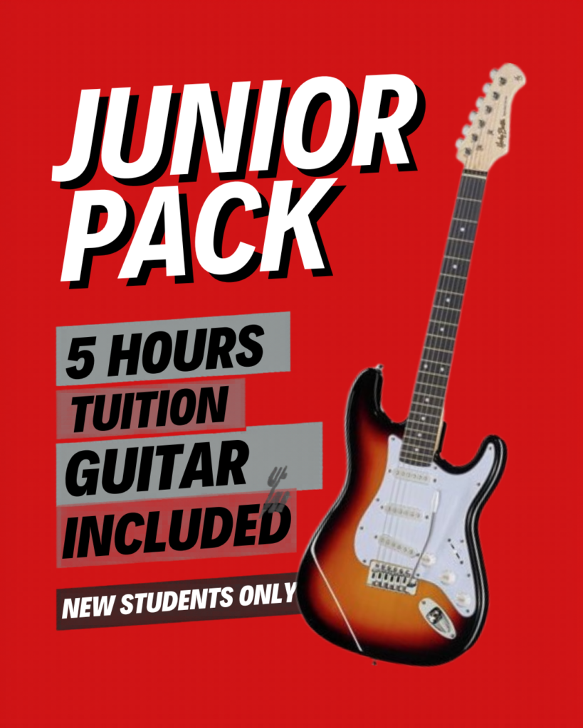 Red promotional poster for Junior Pack offering 5 hours of guitar tuition included for new students with a guitar image on the right